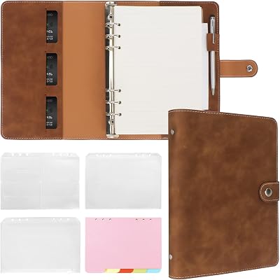 FYY A5 Leather 6 Ring Binder Notebook with Refill Sheets Brown