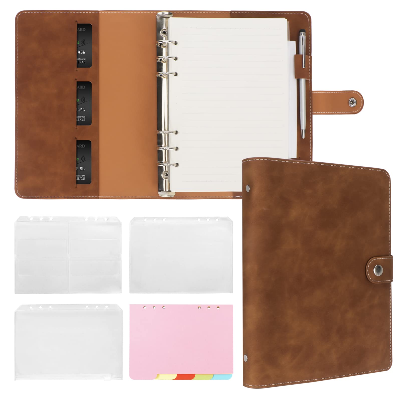 FYY A5 Leather Notebook 6 Ring Notebook with A5 Refill Sheets, Binder Pockets and Paper Dividers, Travel Journal with Ring Binder Brown — image 1