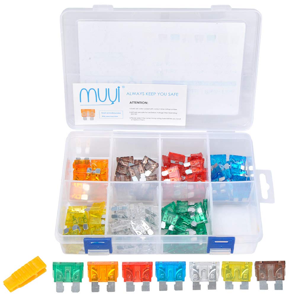 MUYI 120 pcs Assorted Standard Regular Blade Fuse Kit 5, 7.5, 10, 15, 20, 25, 30 Amp ATC Fuse Replacement for Car Truck Boat golf cart