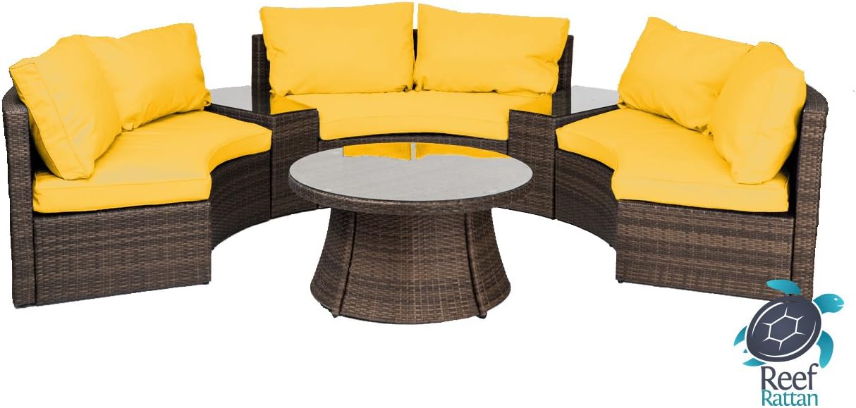 Reef Rattan Comoros Half Moon 6 Pc Curved Bench Sofa Set Chocolate Rattan Yellow Cushions Amazon Co Uk Garden Outdoors