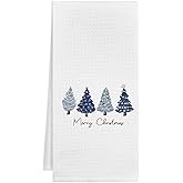KEUSPI Farmhouse Vintage Navy Blue Christmas Tree Waffle Kitchen Towel Dish Towel Cloth,Winter Xmas Holiday Drying Cloth Tea Hand Towels for Kitchen Drying Washing (Merry Christmas Navy Blue)