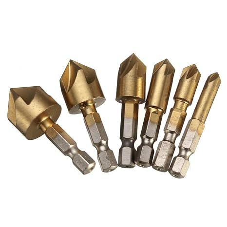 Generic 6PCS 5 Flute Chamfer Countersink 1/4" Hex Shank HSS 90 Degree Wood Chamfering Cutter Chamfer 6mm-19mm Countersink Drill Bit