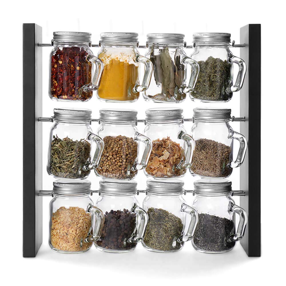Updated Version(New Bottle Appearance With Handle) Spice Rack Stand Holder Wood Herb and Spice Rack Stand with 12 Clear Glass Jar Bottles for Kitchen Counter (Spices Not Included)