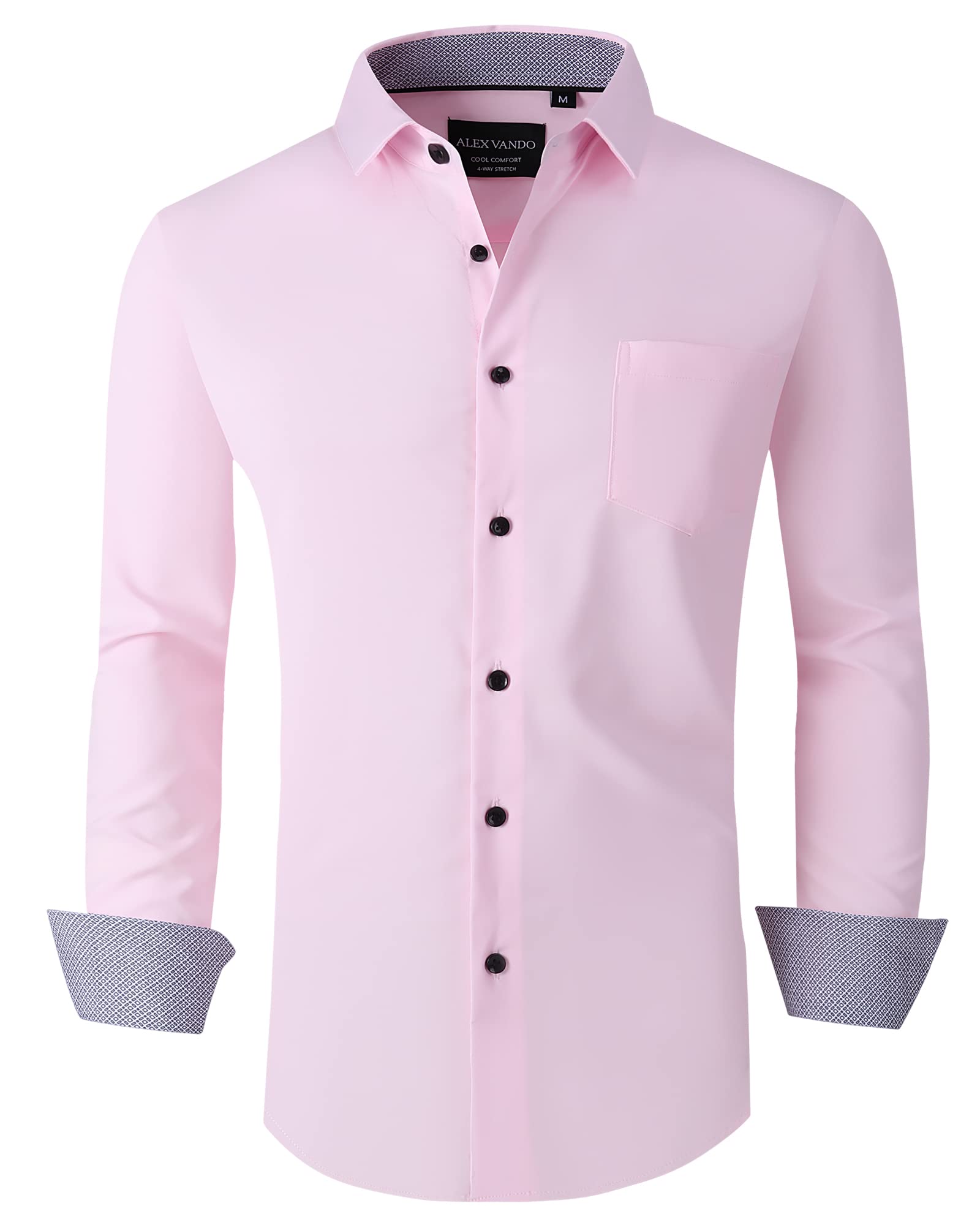 Photo 1 of Alex Vando Dress Shirts for Men Long Sleeve 4-Way Stretch Wrinkle Free Button Down Performance Mens Shirt,Pink,XXL