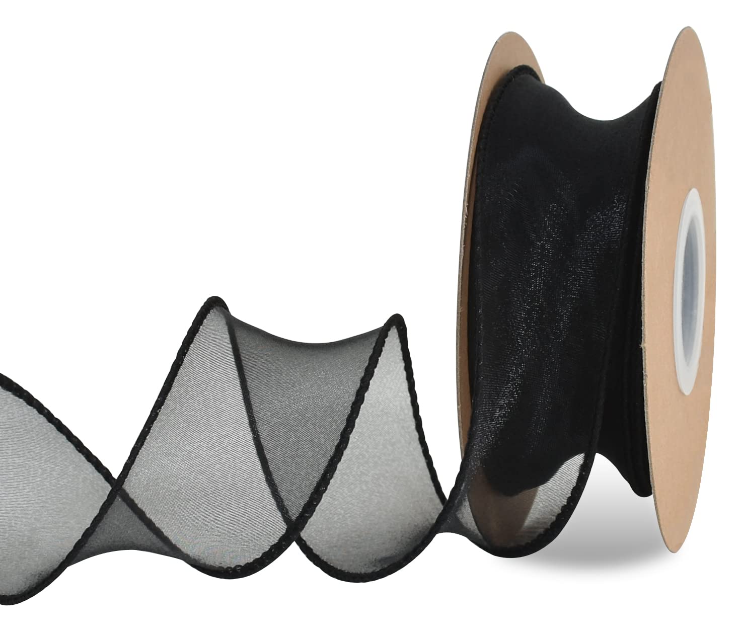 TONIFUL 1-1/2 Inch Wide Black Wired Chiffon Ribbon Sheer Organza Ribbons for Crafts Floral Bouquets Wedding New Year Eve Party Decorations Valentine's Day Gift Wrapping Bow Making Tree Wreaths (10yd)