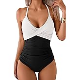 B2prity Women's One Piece Swimsuits Tummy Control Front Cross Bathing Suits Tie Back Slimming V Neck Swimwear White and Black