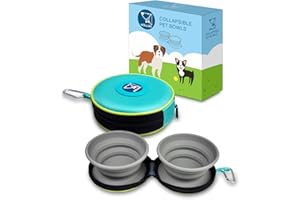 KALLAK Portable 2 in 1 Pet Bowls with Zipper Carrying Case and Carabiner, Collapsible Double Travel Dog Bowls for Food and Water Feeding, Foldable Camping Dog Cat Bowl