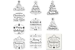 9 PCS Christmas Tree Greeting Words Clear Stamps for Card Making and Photo Album Decorations, Happy New Year Word Rubber Stam