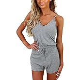 Dreamskull Women Summer Casual Spaghetti Strap Adjustable Waist Drawstring Short jumpsuit Solid Cami Romper for girl