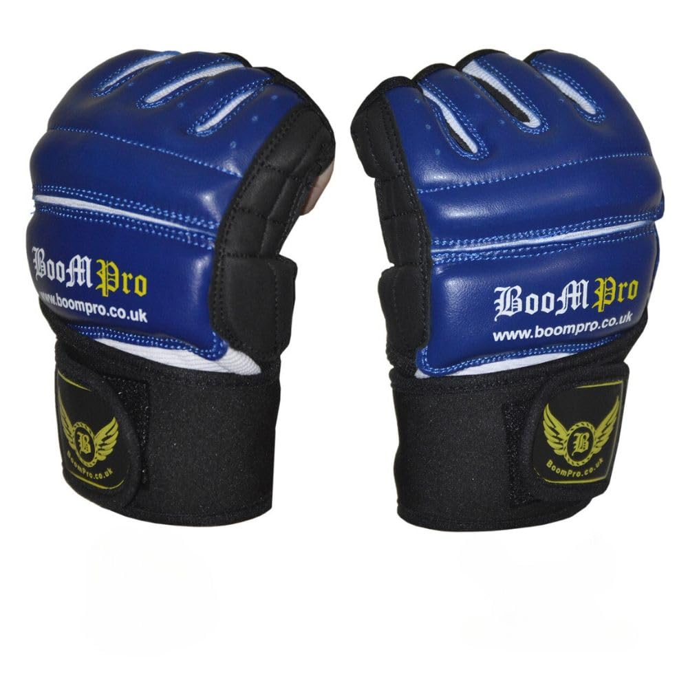 Fingerless Combat Gloves UniSex - MMA Training Gloves Weight Lifting - Leather Punch Bag Mitts Kick Boxing -Wrist Support Gel Padding on knuckles Sweat Proof Cycling(Blue, S)