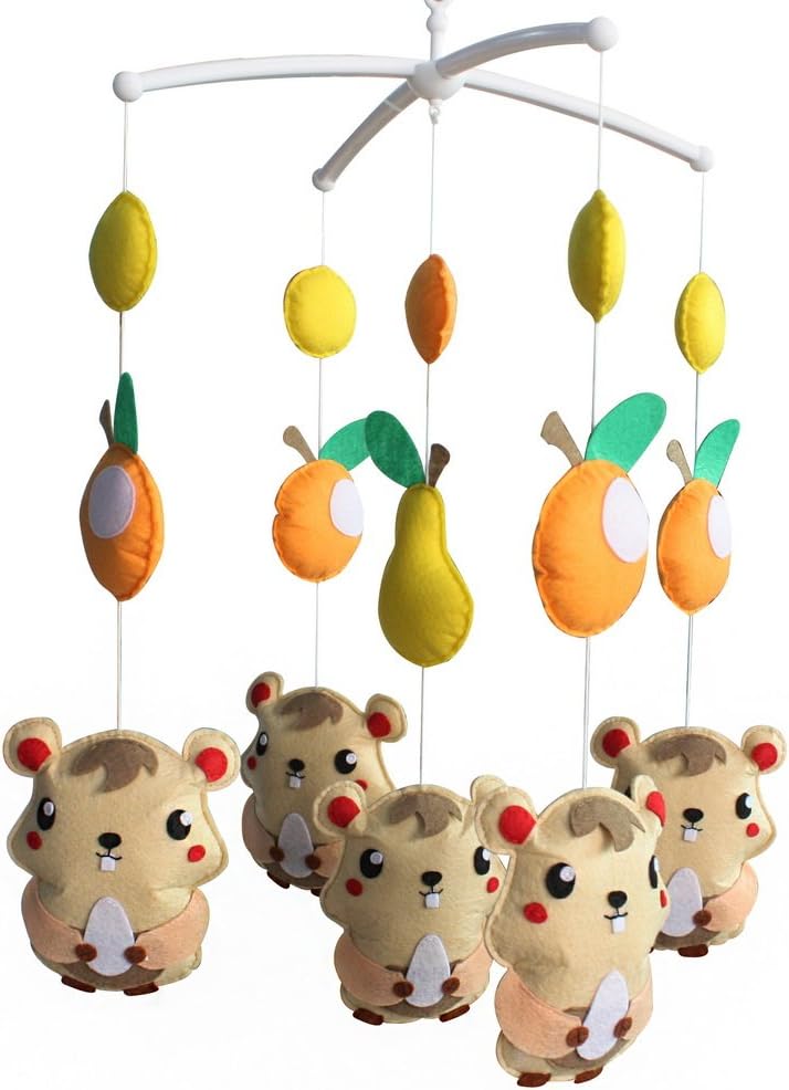 Cute Crib Mobile, Musical Mobile, [Squirrel and Fruits] Cartoon Mobile