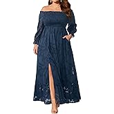 Plus Size Summer Dresses Sun - Maxi Boho Casual Off Shoulder Floral Lace Long Dress with Pockets