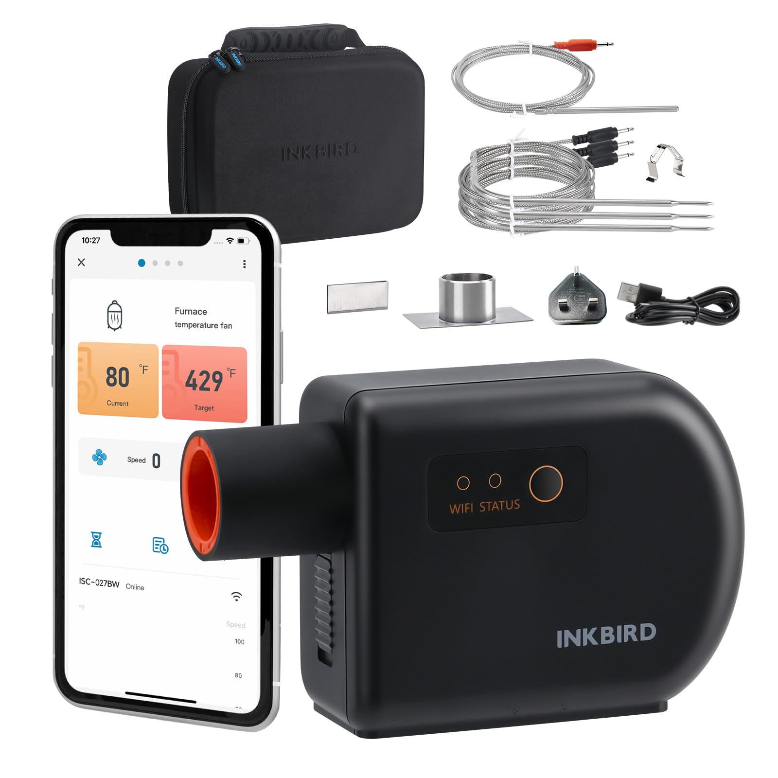 INKBIRD ISC-027BW Bluetooth 5.1 and WIFI 2.4GHz BBQ Temperature Controller, Automatic Smoker Fan Controller, Grill Thermometer with 4 Probes Compatible with Kamado,Big Green Egg,Joe, Primo, Grill
