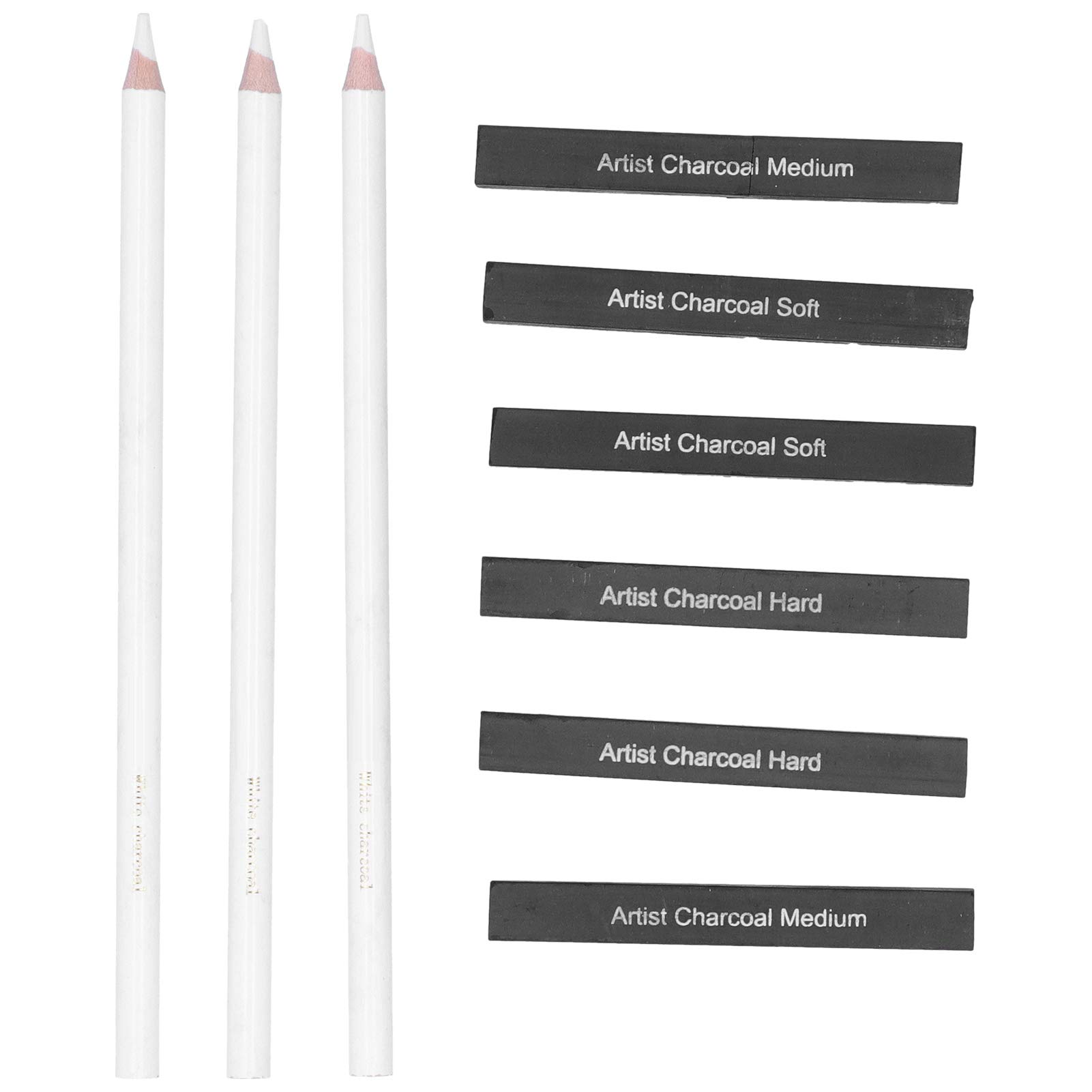 Sketch Charcoal Pencils, 3Pcs White Charcoal Pencils and 6Pcs Black Charcoal Sticks for Artist and Beginner Drawing Sketching Blending