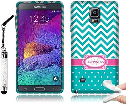 Tadnil Bundle Samsung Galaxy Note 4 N910 Flexible Slim Rubber TPU Skin Protector Cover Case - Teal Mint/ White Happiness Monogram + Crystal Stylus