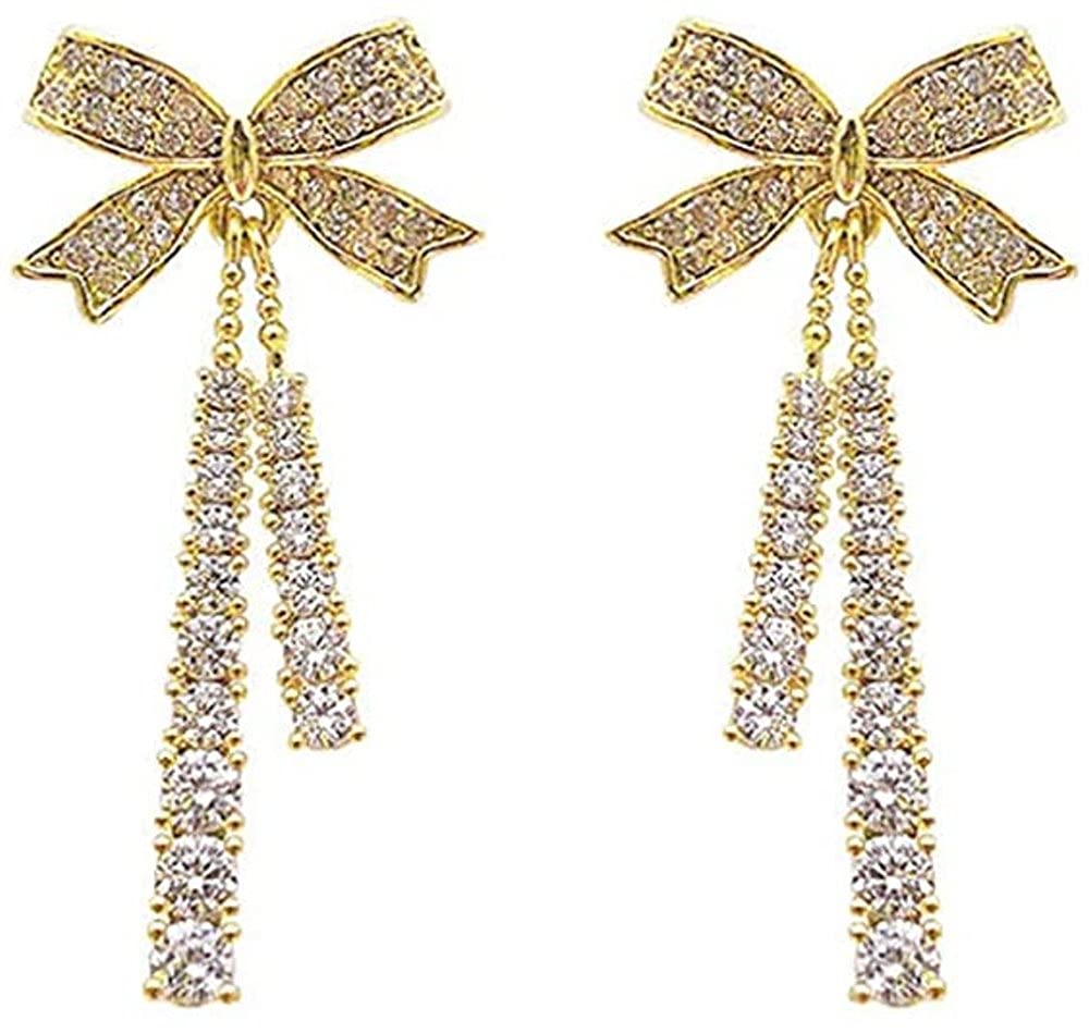 Sparkling Cubic Zirconia Butterfly Bow Knot Sterling Silver Dangle Stud Earrings for Women Girls Crystal Bar Dangling Charm Drop Wedding Earring Studs Dainty Jewelry Gifts BFF (gold)