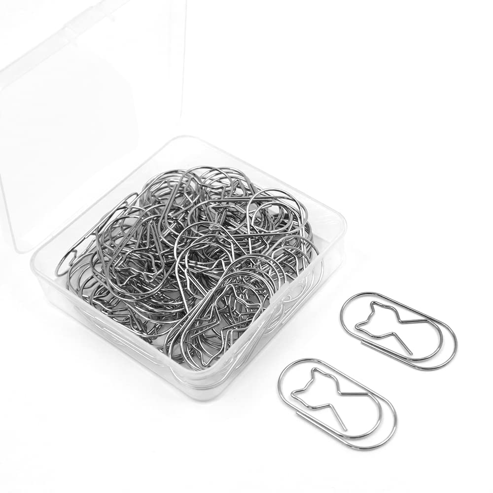50Pcs Paper Clips, Cat Paper Clips, Office Supplies Bookmark Clips, Creative Animal Shaped Large Paper Clips for Office School Home Desk Organizers (Silver)