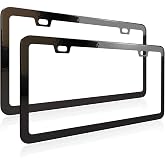 Deselen License Plate Frame, Metal Thin Stainless Steel with 2 Holes Screw Cap, 2 Pack ((Top-Purchased) Matte Black)