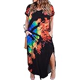 Kancystore Women's Plus Size Dresses Summer Casual Loose Pocket Short Sleeve Slits Long Maxi Dress XL-5X