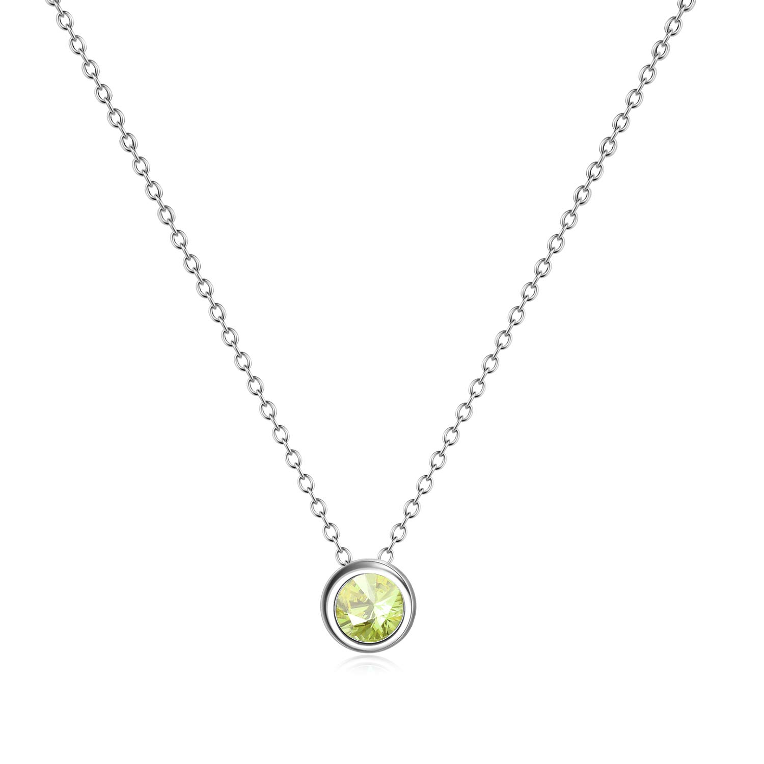 Simulated Birthstone Necklace CZ Halo Pendant Cubic Zirconia Sterling Silver Necklaces Gifts for Women Girls (Peridot-Aug)