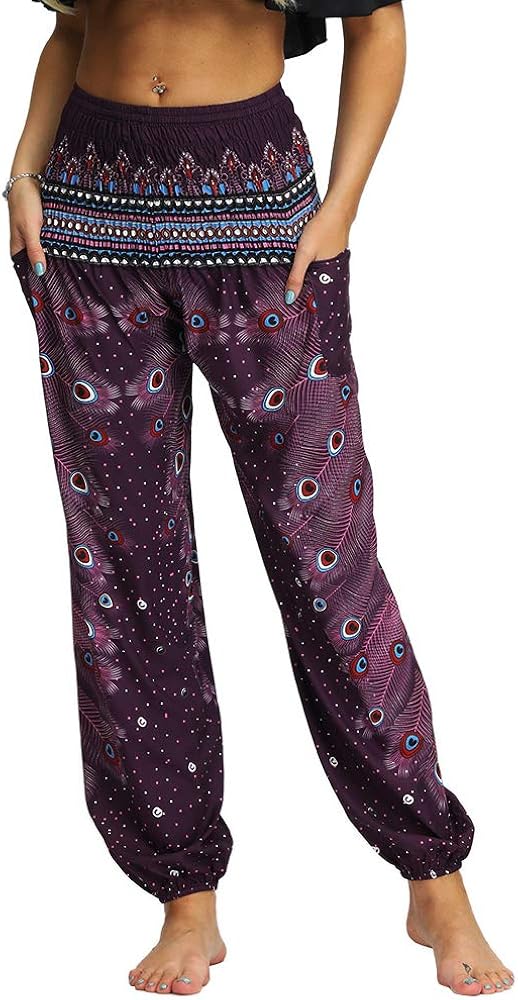 Nuofengkudu Ladies Hippie Baggy Harem Trousers Smocked High Waist Soft Boho Print Colourful Yoga Pants with Pockets Lightweight Flowy Travel Holiday Beachwear (Dark Purple A,One Size)