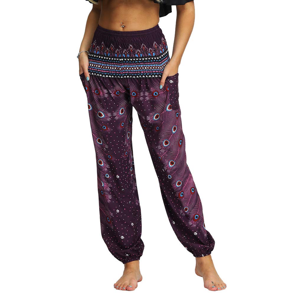 Nuofengkudu Ladies Hippie Baggy Harem Trousers Smocked High Waist Soft Boho Print Colourful Yoga Pants with Pockets Lightweight Flowy Travel Holiday Beachwear (Dark Purple A,One Size)