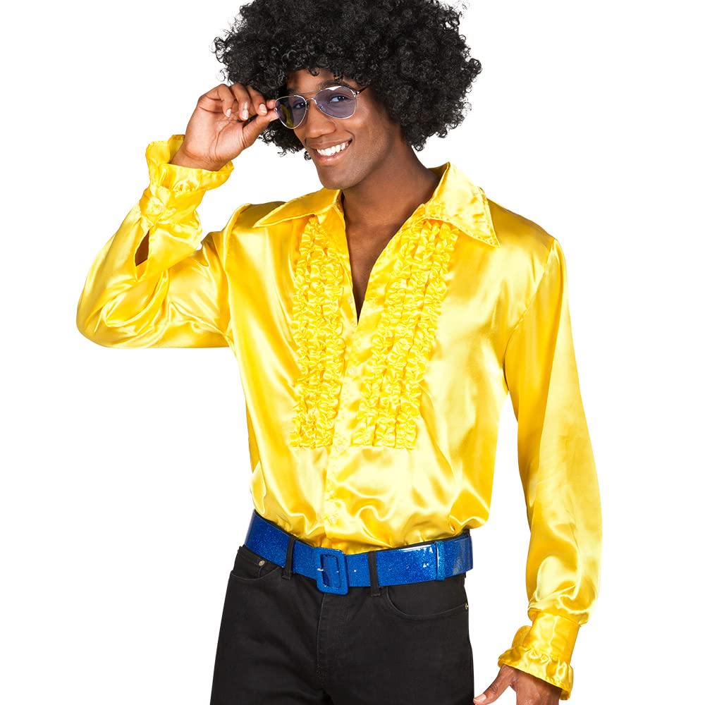 Boland - Disco shirt with ruffles, yellow, for men, costume, party shirt, Schlagermove, 1970s, theme party, carnival