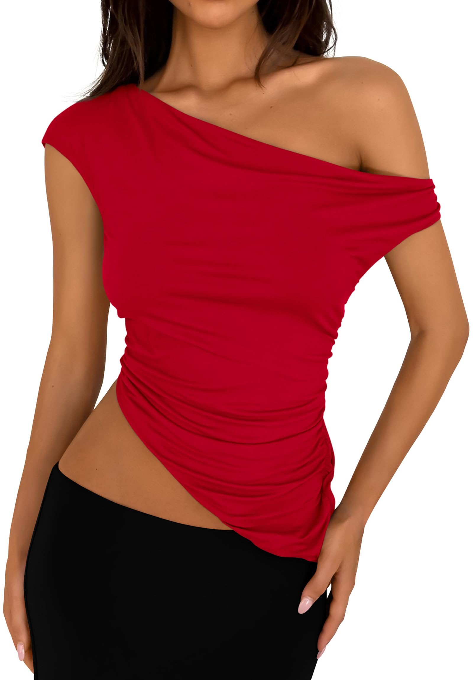 Photo 1 of PRETTYGARDEN Womens 2025 Summer Off The Shoulder Crop Tops Sleeveless One Shoulder Ruched Asymmetrical Y2K Going Out Tank Top (Red,Large)