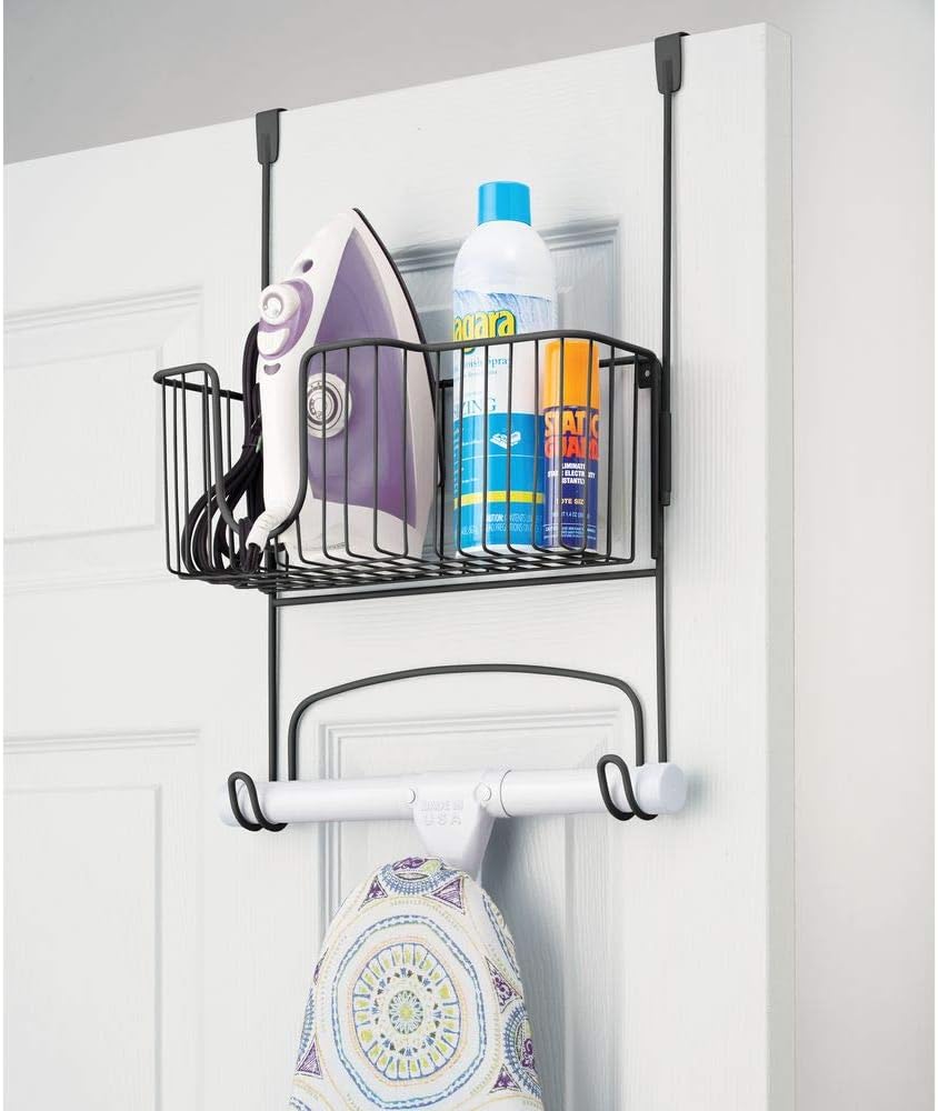 mDesign Metal Over Door Ironing Board Holder with Large Storage Basket - Holds Iron, Board, Spray Bottles, Starch, Fabric Refresher - for Laundry, Utility Room, Garage - Matte Black: Home & Kitchen