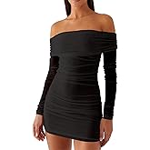 Mokoru Women's Sexy Elegant Off The Shoulder Mesh Long Sleeve Ruched Bodycon Cocktail Party Mini Dresses