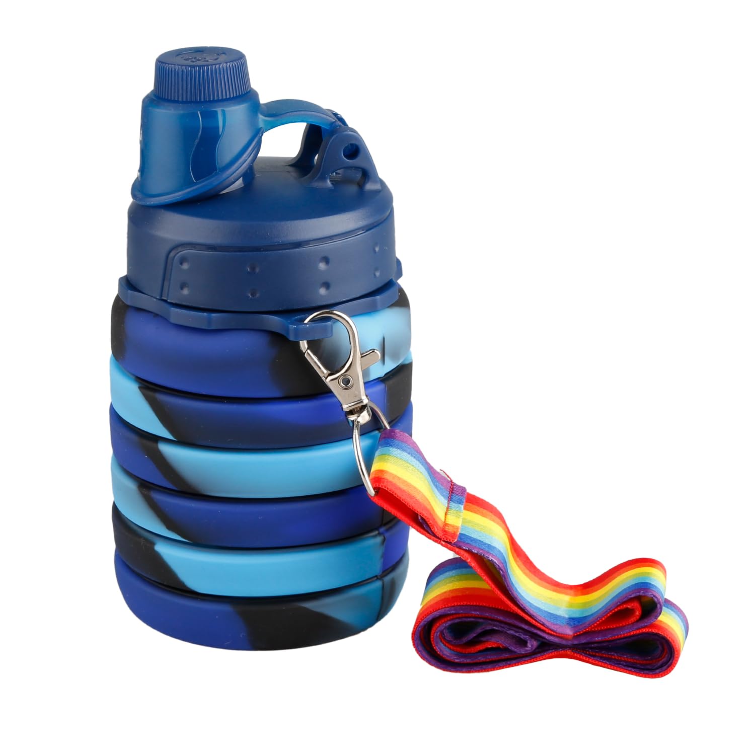 Rumyve 500ml Collapsible Silicone Water Bottle,Portable Leak Proof Water Bottles with Lanyard Straps,Octdoor Accessories for Kids Girls Boys Sports Hiking Trip Camping(Camouflage blue)