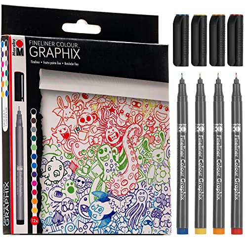 Marabu Graphix Fineliner Drawing Pens - Set of 12 Fine Point Pens - 0.5mm Water Based Fineliner Pens for Journaling, Sketching, Illustrating, Writing, Coloring, and Detailing