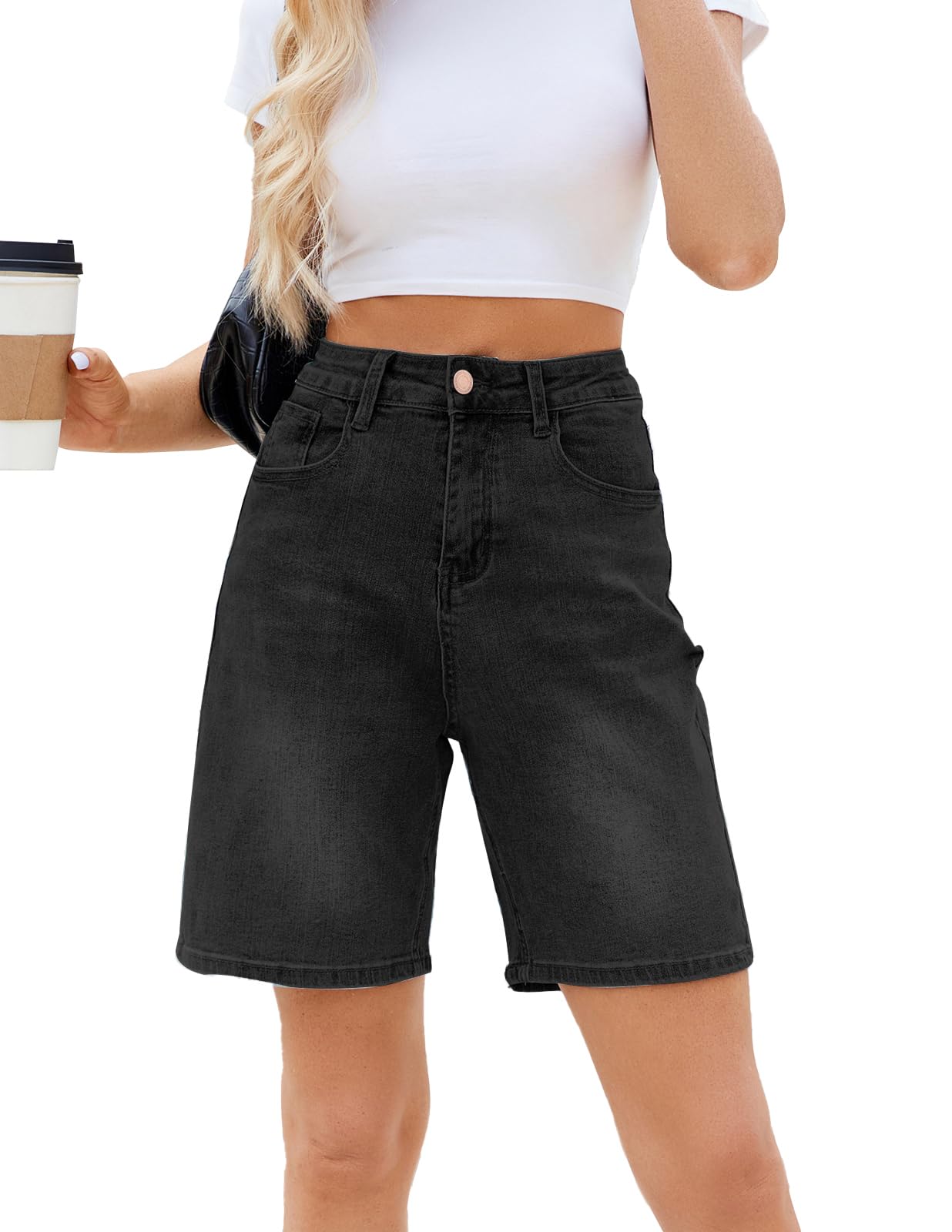 Photo 1 of (LARGE) (USED/FAIR) TOSATISFINE Womens Jean Shorts High Waisted Denim Bermuda Shorts Trendy Stretchy Knee Length Long Shorts Black L
