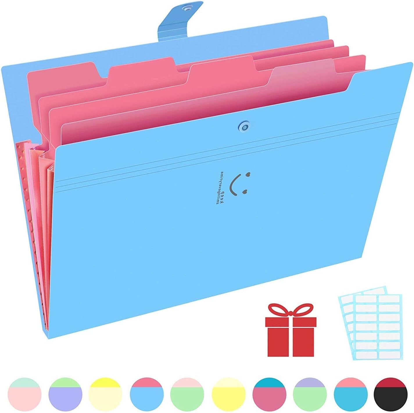Phyxin Expanding File Folders 5 Pockets Document Organizer A4 Letter Size Plastic File Folder with Labels Document Holder for Business School Supplies Blue