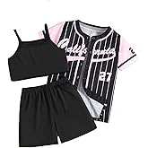 Hilinker Girls Graphic 3 Piece Outfits Short Sleeve Striped Cardigan and Crop Cami with Shorts Set