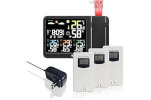 KETOTEK Digital Projection Alarm Clock for Bedroom Ceiling Wall VA LCD Display Radio Controlled Weather Station Indoor Outdoor Temperature Humidity Monitor with 3 Remote Sensors