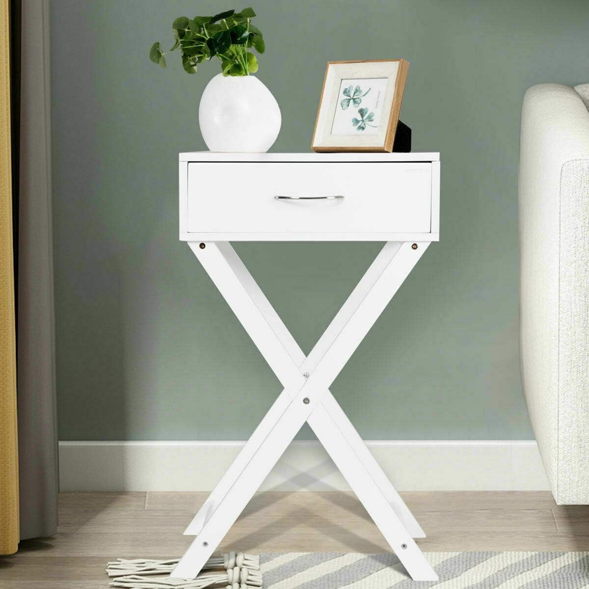 Amazon Com White Sofa Side Table Home Bedroom Wood Nightstand With X Shape Legs 1 Storage Drawer Kitchen Dining