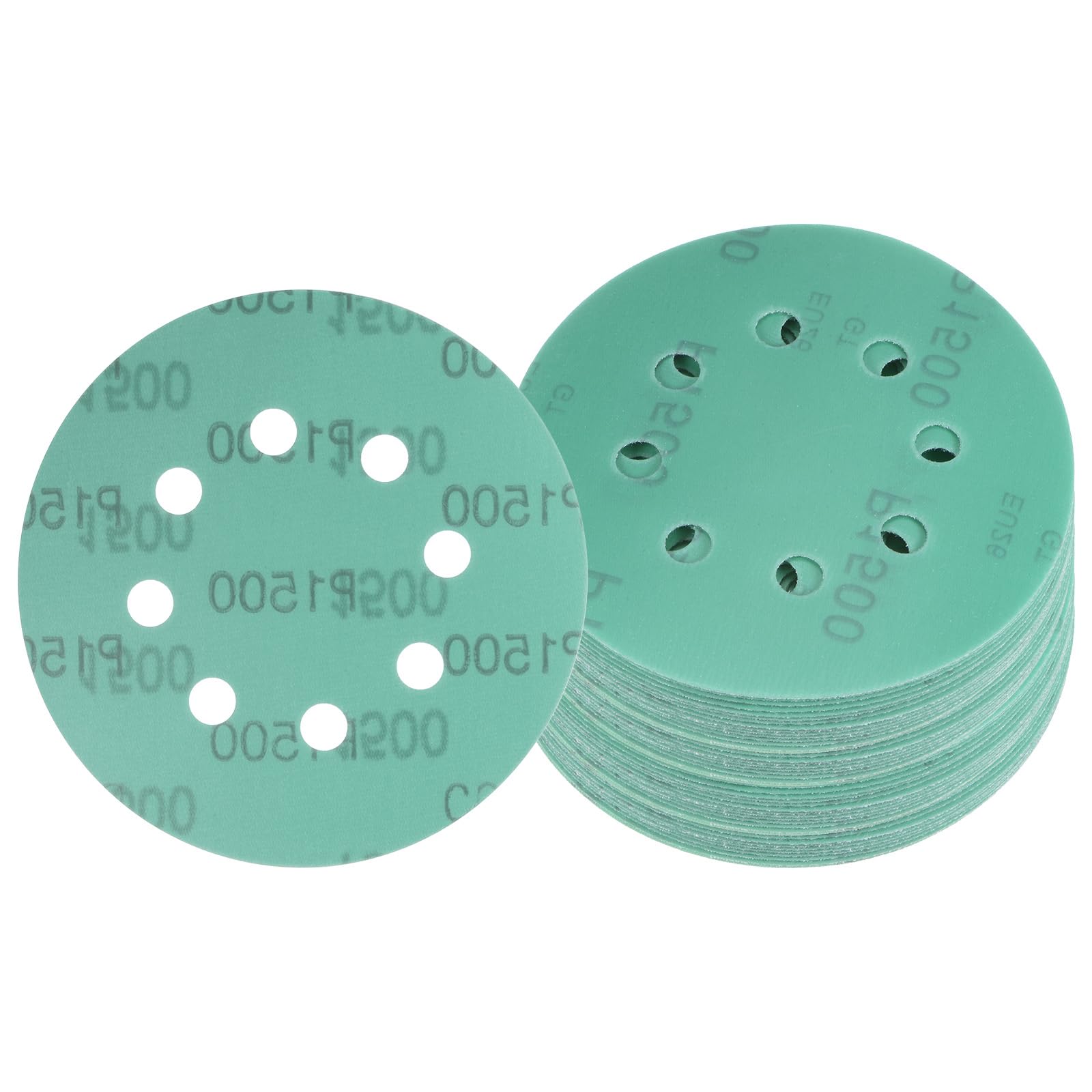 Kozelo 50pcs Green Film Sanding Discs - [5 Inch 1500 Grits 8 Hole ] Round Aluminum Oxide Hook & Loop Film Backing Disc Wet Dry Sandpaper for Orbital Sander Use