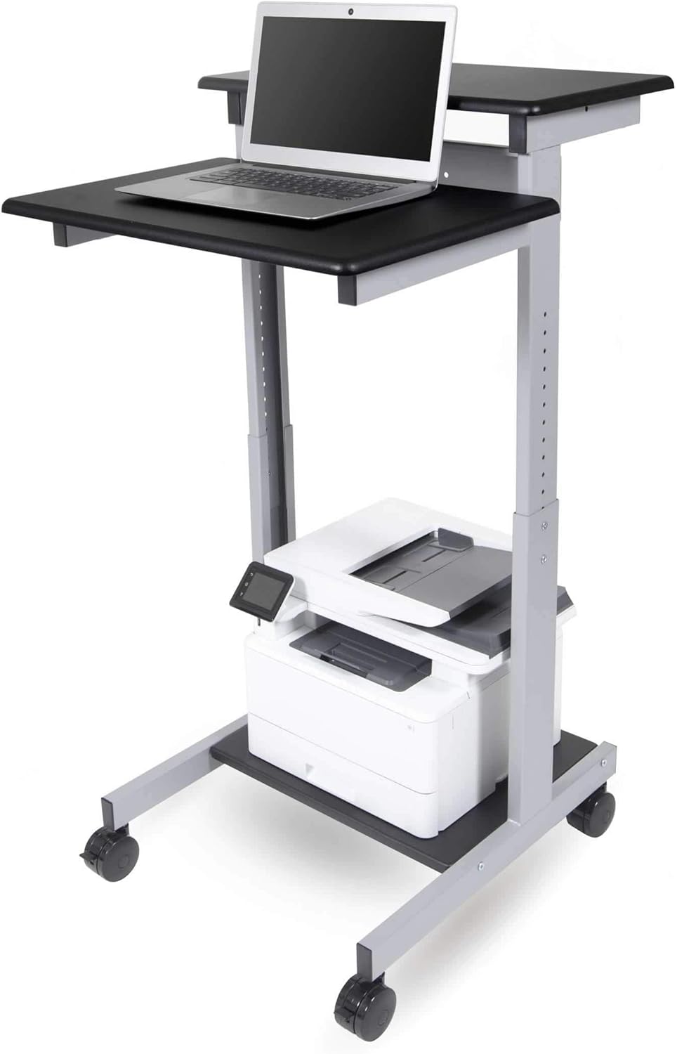 amazon standing desk on Amazon Com Stand Up Desk Store Rolling Adjustable Height Two Tier Standing Desk Computer Workstation Silver Frame Black Top 24 Wide Furniture Decor