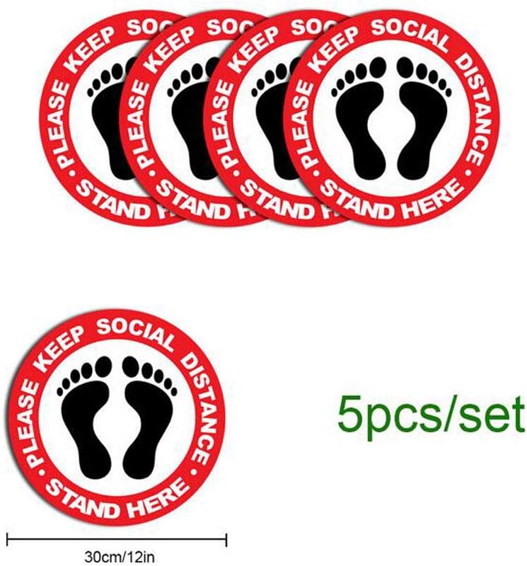 Belons Social Distancing Self Adhesive Safety Floor Signs Warning Sticker, Pack of 5, 300x300mm(12inch) - Please Keep Social Distance, Stand Here