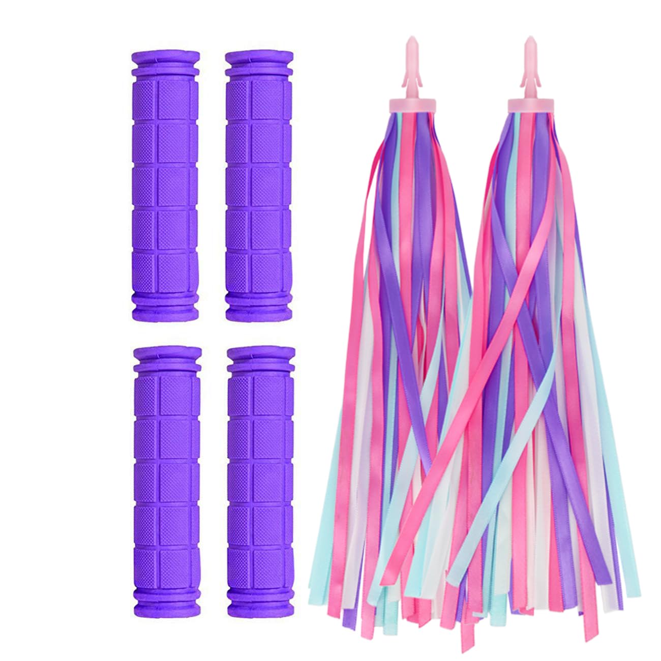 PLATT Bicycle Handle Bar Grips 2 Pairs Colorful Rubber Mushroom Grips with Ribbons Streamers for Balance Bikes, Scooters, and BMX Bicycle Handlebars