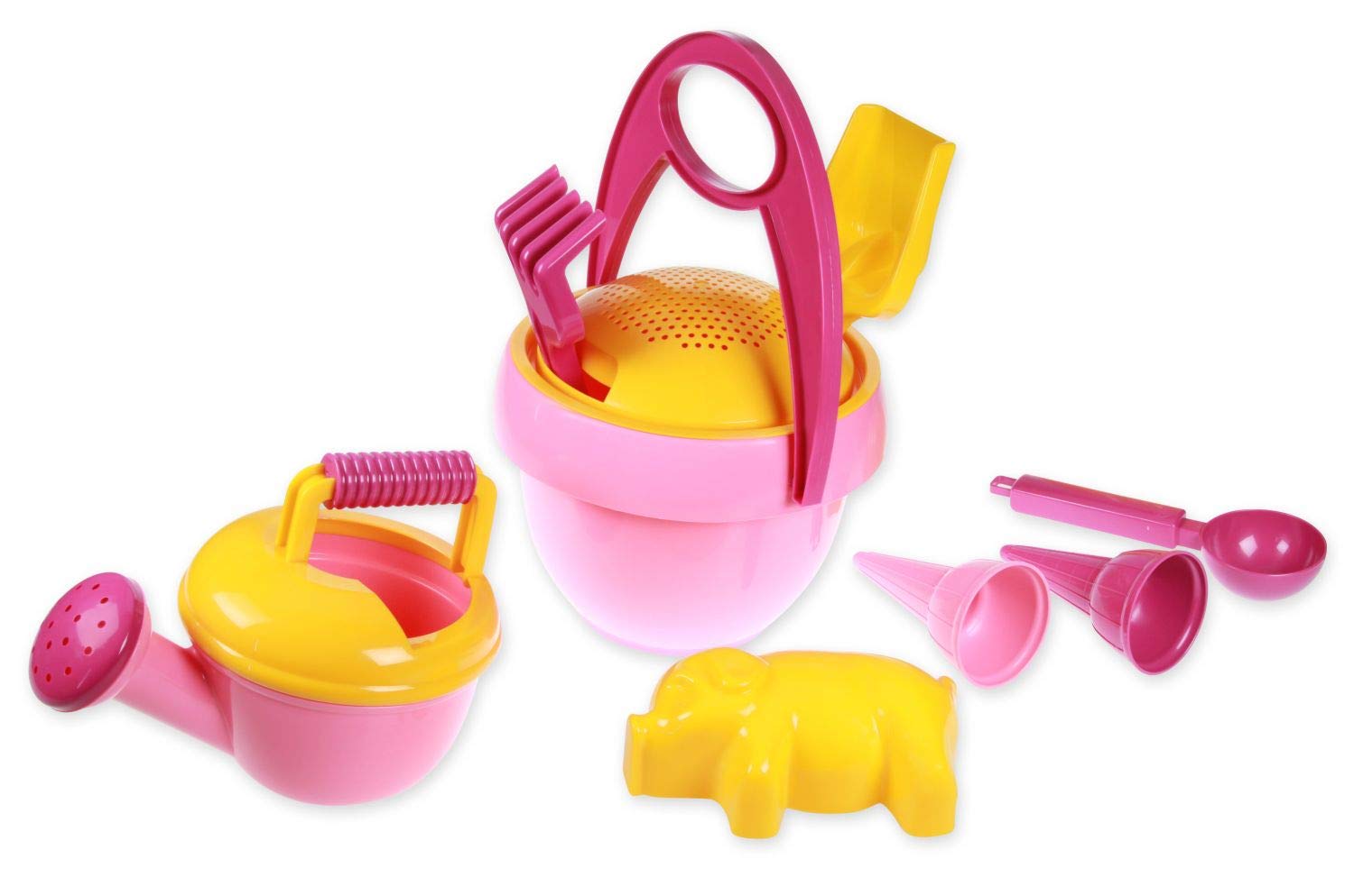 Lena 05421 Happy Sand Play Set Girls I Bucket Set 10 Pieces Sand Toy Set for Children from 2 Years and Over Playset with Bucket, Strainer, Shovel, Rake and Watering Can 2 Ice Cream Cones and 2 Moulds
