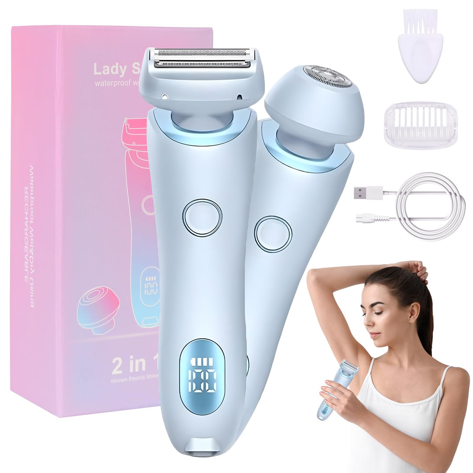 Lady Shavers for Women, Comfort 2 in 1 Electric Razor, Ladies Bikini Trimmer with Wet and Dry Use, Rechargeable Pubic Hair Trimmer for Body Arms Legs Underarm