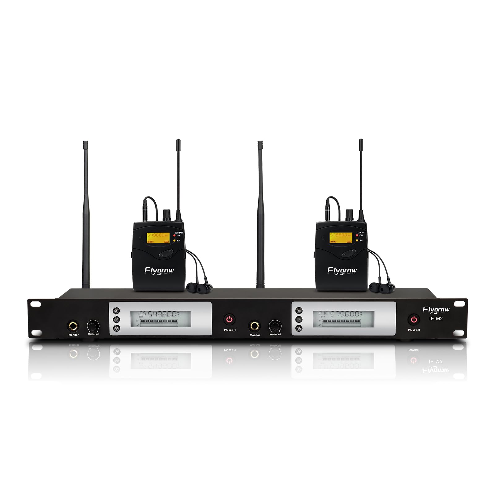 Flygrow UHF Dual Wireless in-Ear Monitor System with Earphone, Metal Wireless IEM System, Sturdy Bodypack Receiver, 80 Adjustable Frequencies,164ft Range, Ideal for Stage & Studio (2 Bodypack)