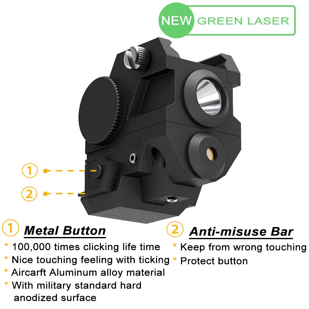Tactical Pistol Green Laser with High Lumen CREE LED Flashlight, Flashlight Strobe, Flashlight + Green Laser, 4-in-1, Mini Sights Accessories for Handgun/Rifle/Hunting Weapons, 20mm Rails Mount