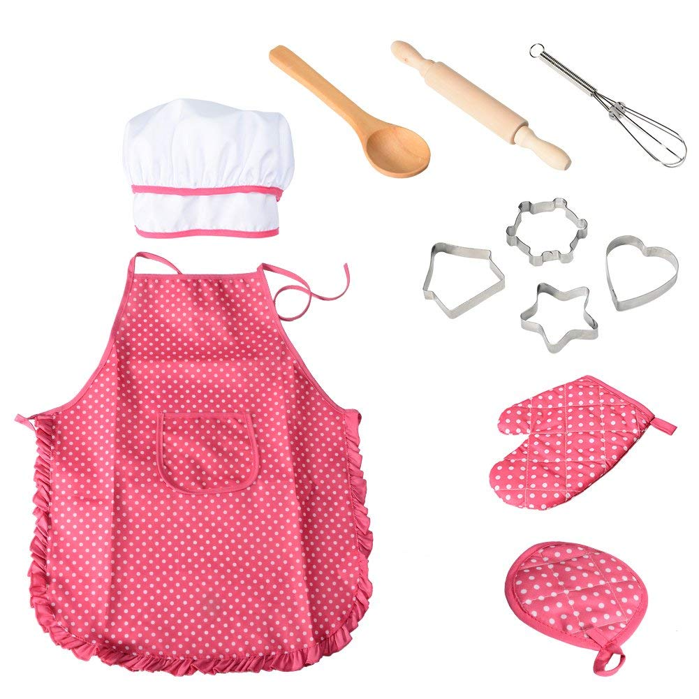YW-WINN Chef Set Kids Aprons,11 Pcs Children Cooking Play Kitchen Waterproof Baking for Girl's Gift (Pink)