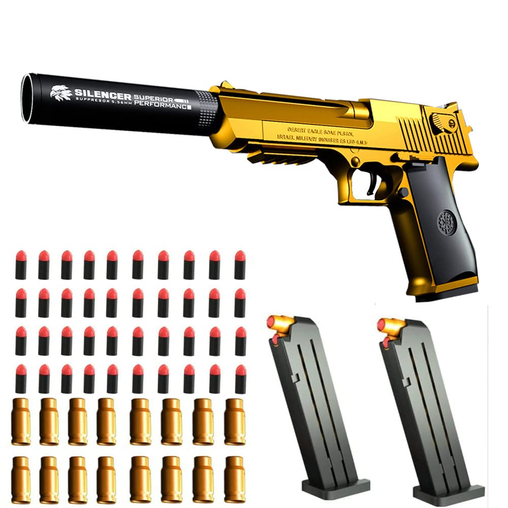Toy gun with soft bullets,Foam Blasters,toy gun for Boys with ejectable magazine-1:1 size toy gun with magazine for safety training or play,unique gift-golden