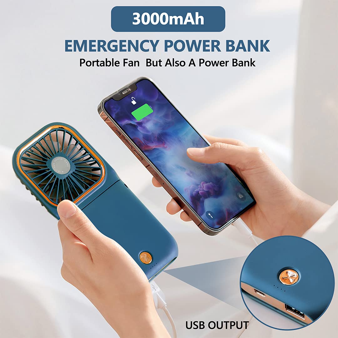Portable Handheld Personal Necklace Fan Foldable Mini Quiet USB Rechargeable Fan With Mobile phone bracket function, 3000mAh Power Bank Hands Free Necklace Fans (Upgrade Blue)