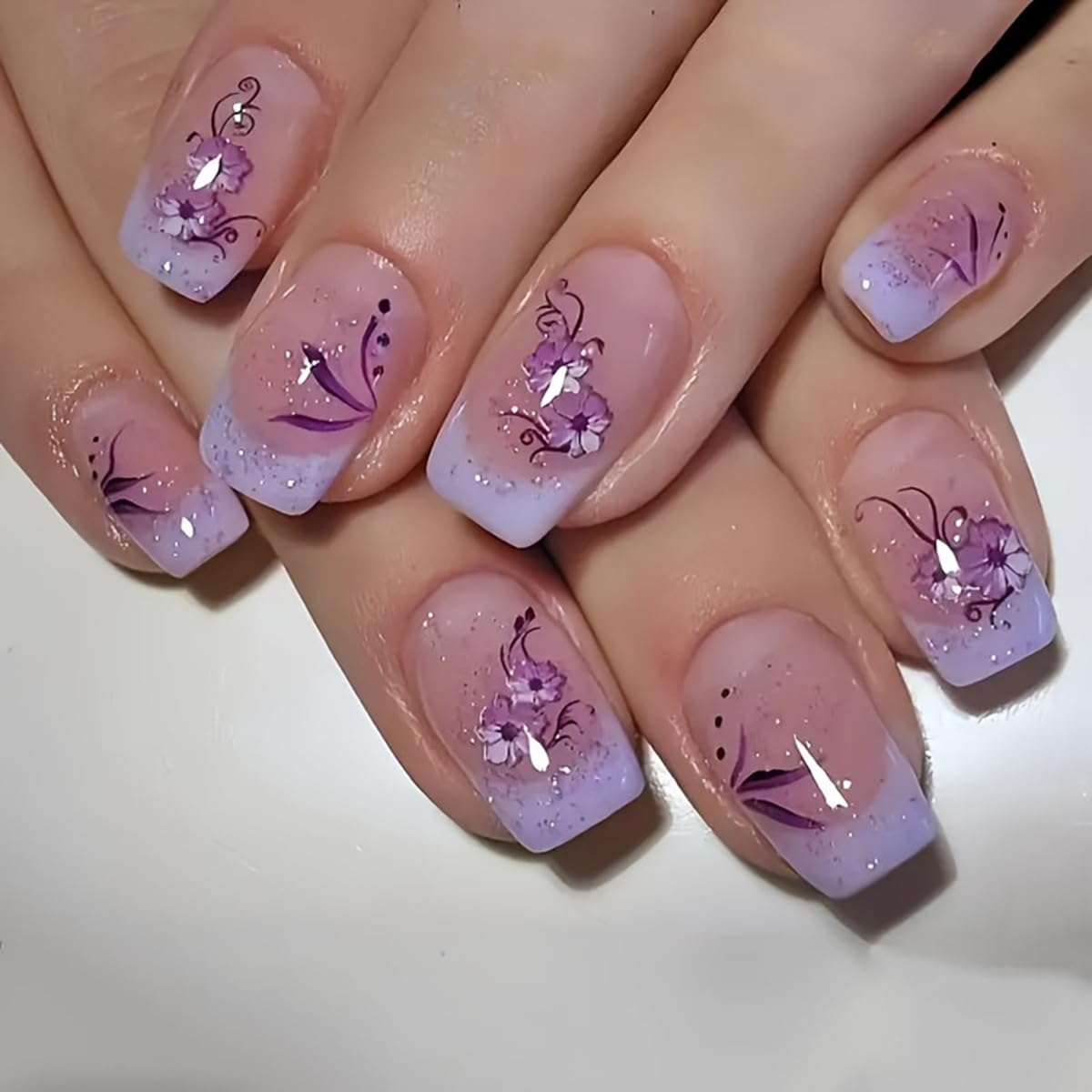 Purple French Press on Nails Short Square Fake Nails Nude False Nails Press ons with Purple Flower Design Glitter Nail Art Tips Full Cover Acrylic Glue on Nails for Women 24 Pcs