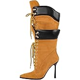 Richealnana Women's Double Lace Pointed Toe Stilettos Straps Up Strappy Knee High Boots